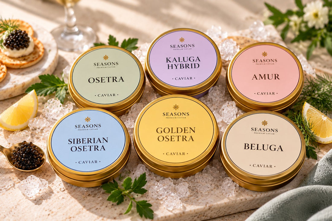 Six SEASONS caviar tins on ice