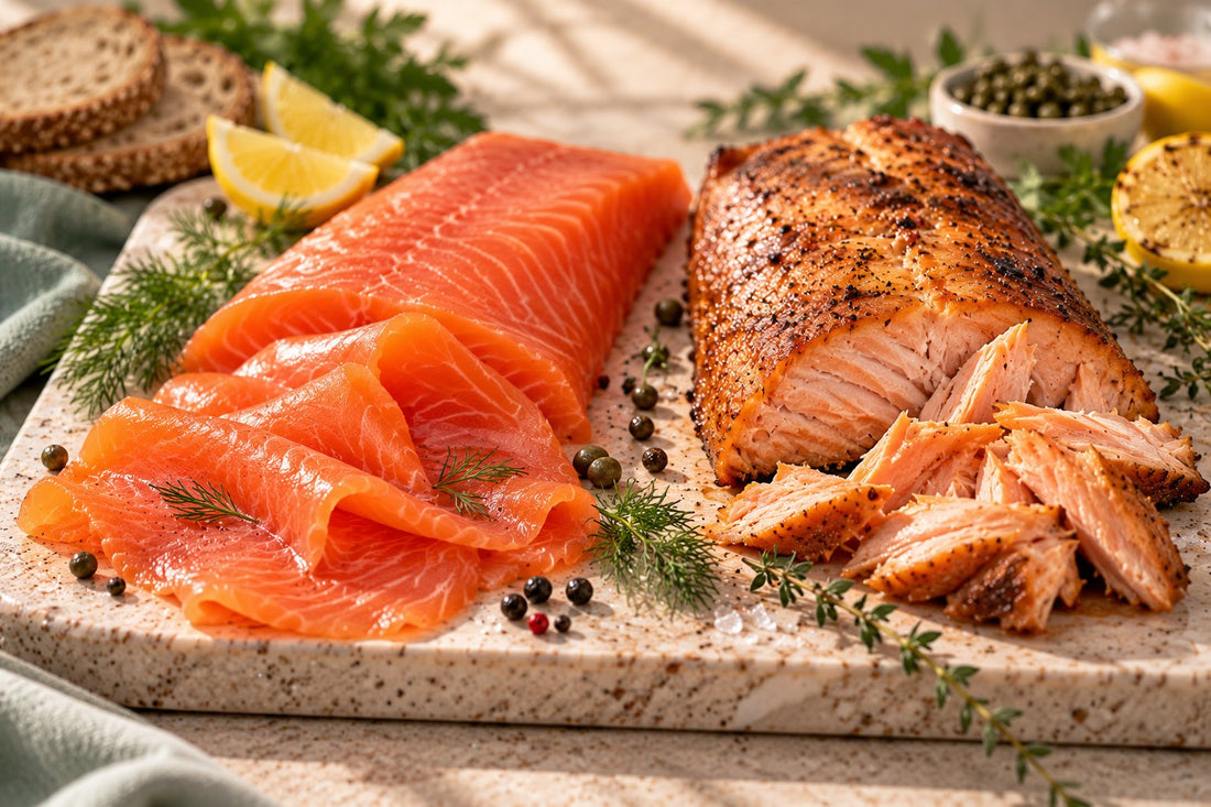 Cold smoked and hot smoked salmon side by side