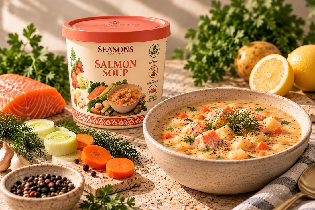 SEASONS Salmon Soup served in a bowl
