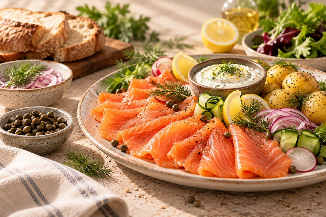 Smoked salmon platter with capers, potatoes and dill sauce