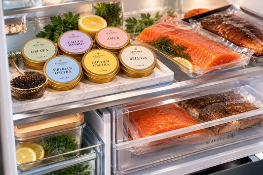 Caviar tins and smoked fish stored in a refrigerator