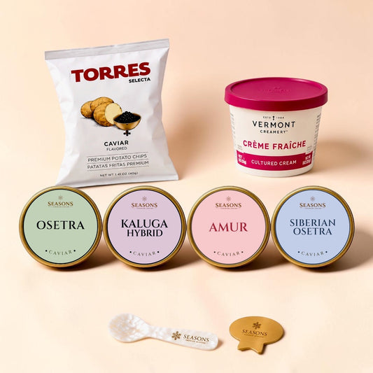 Caviar & Chips Set — Osetra, Kaluga, Amur and Siberian Osetra caviar with Torres chips, crème fraîche, spoon and caviar key