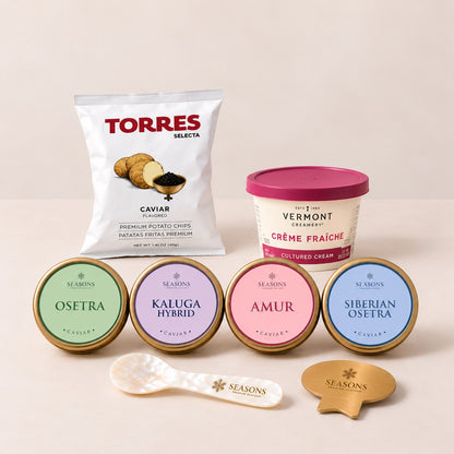 Caviar & Chips Set — Osetra, Kaluga, Amur and Siberian Osetra caviar with Torres chips, crème fraîche, mother-of-pearl spoon and caviar key