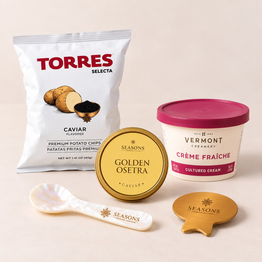 Golden Osetra Experience — Golden Osetra caviar with Torres chips, crème fraîche, mother-of-pearl spoon and caviar key