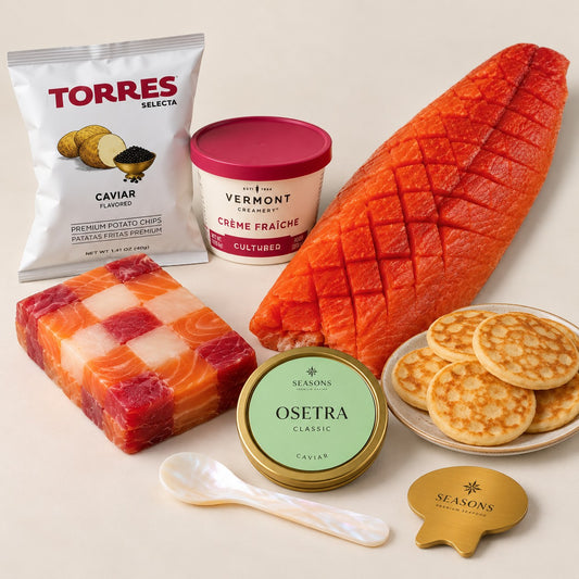 SEASONS Signature Feast — Three Fish Chess Roll, whole salmon yukola fillet, Osetra Classic caviar, blini, Torres chips, crème fraîche, spoon and caviar key