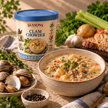 SEASONS New England Clam Chowder served in a bowl