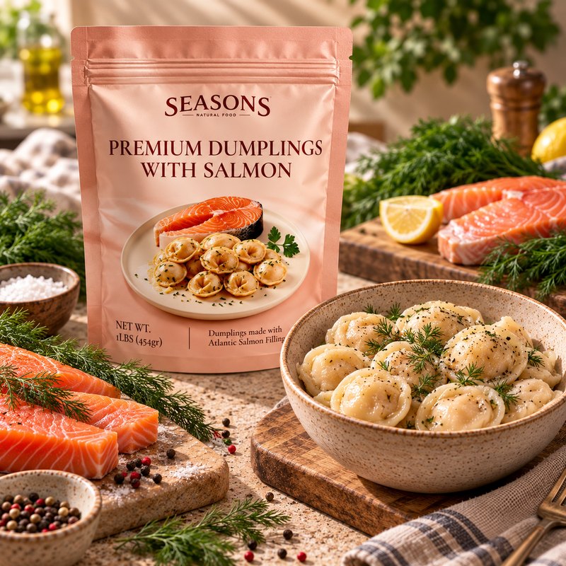 SEASONS Salmon Dumplings served in a bowl