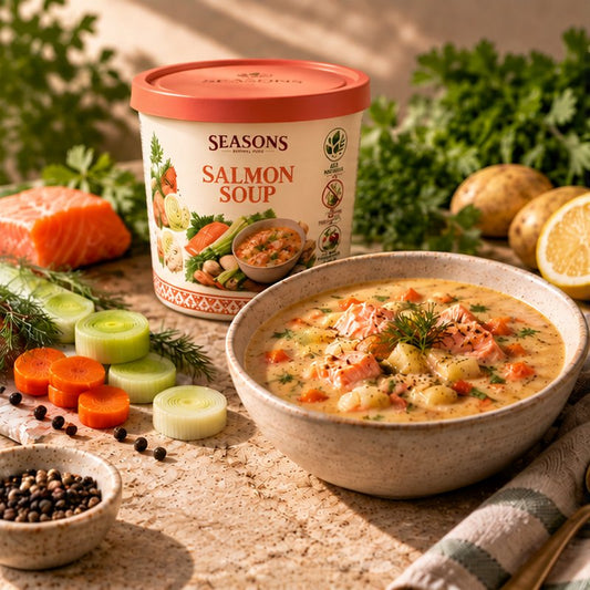 SEASONS Salmon Soup served in a bowl