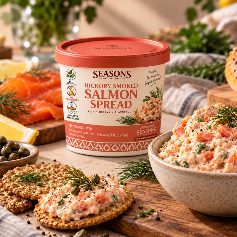 SEASONS Hickory Smoked Salmon Spread on crackers