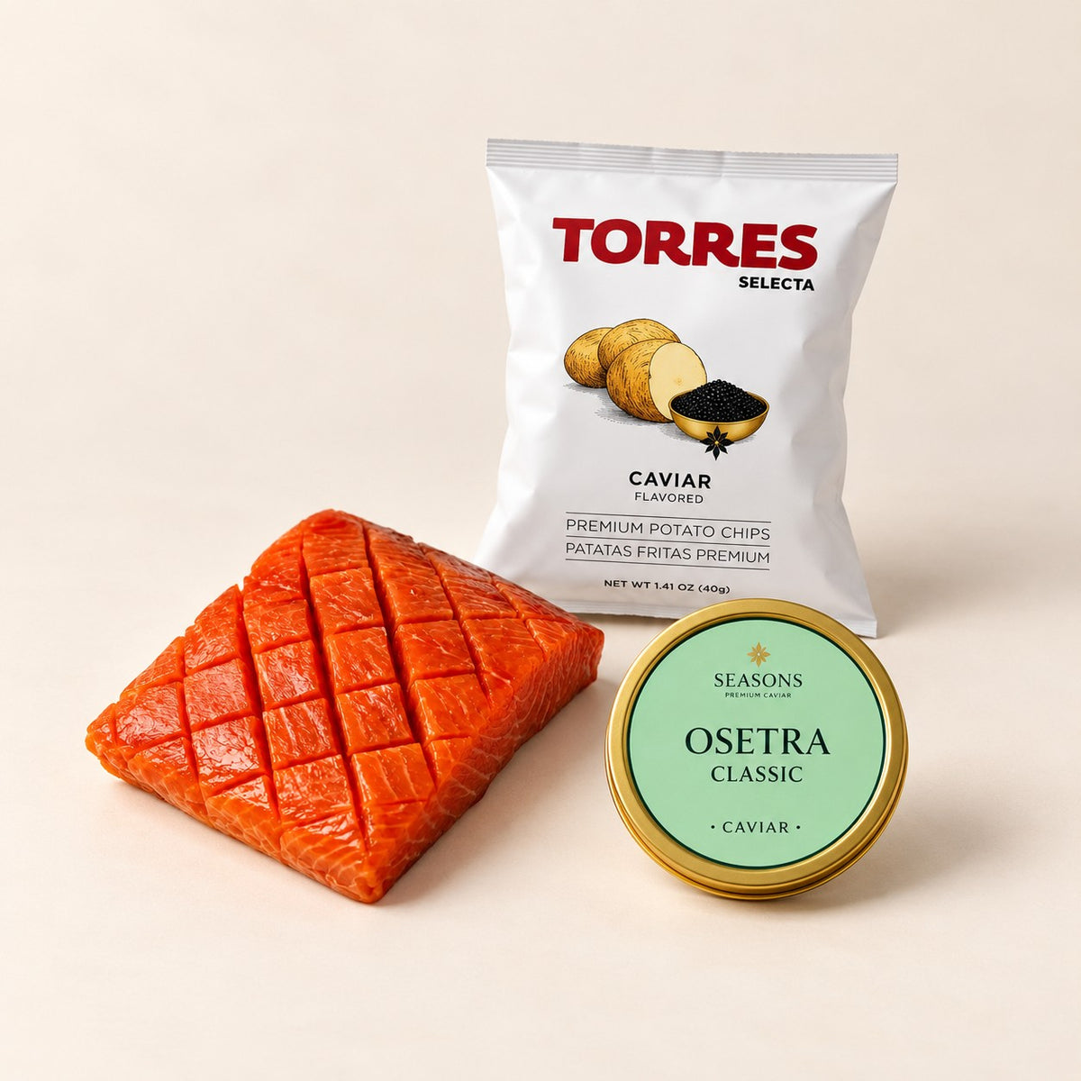 Yukola & Caviar Starter — classic salmon yukola, Osetra Classic caviar and Torres caviar chips