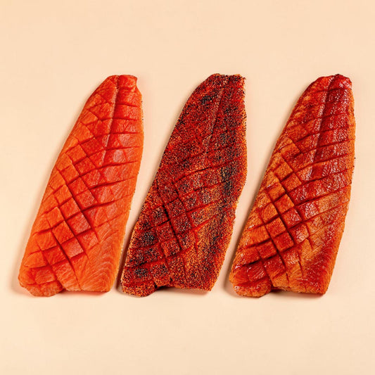 Yukola Lovers Set — three whole fillets of cold smoked salmon yukola: classic, black pepper and maple syrup